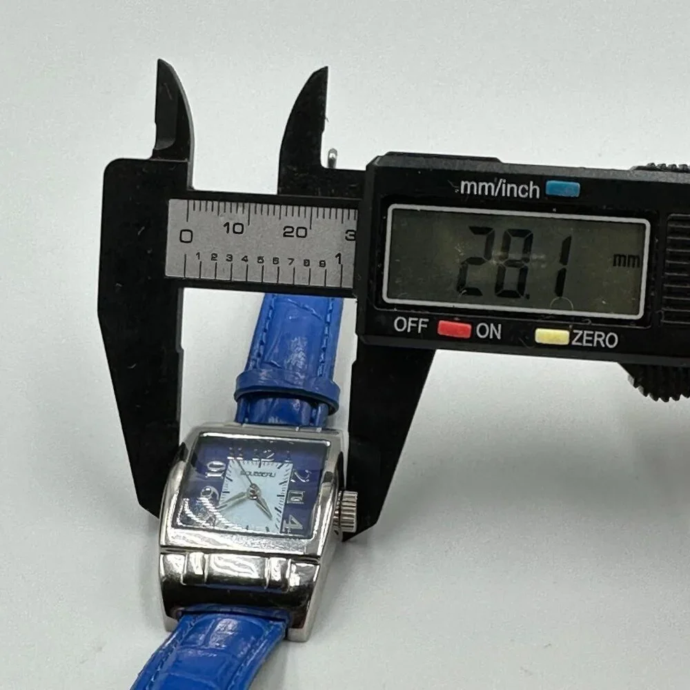 Rousseau Watch Women Silver Tone Square Dial Blue Leather Band New Battery 9